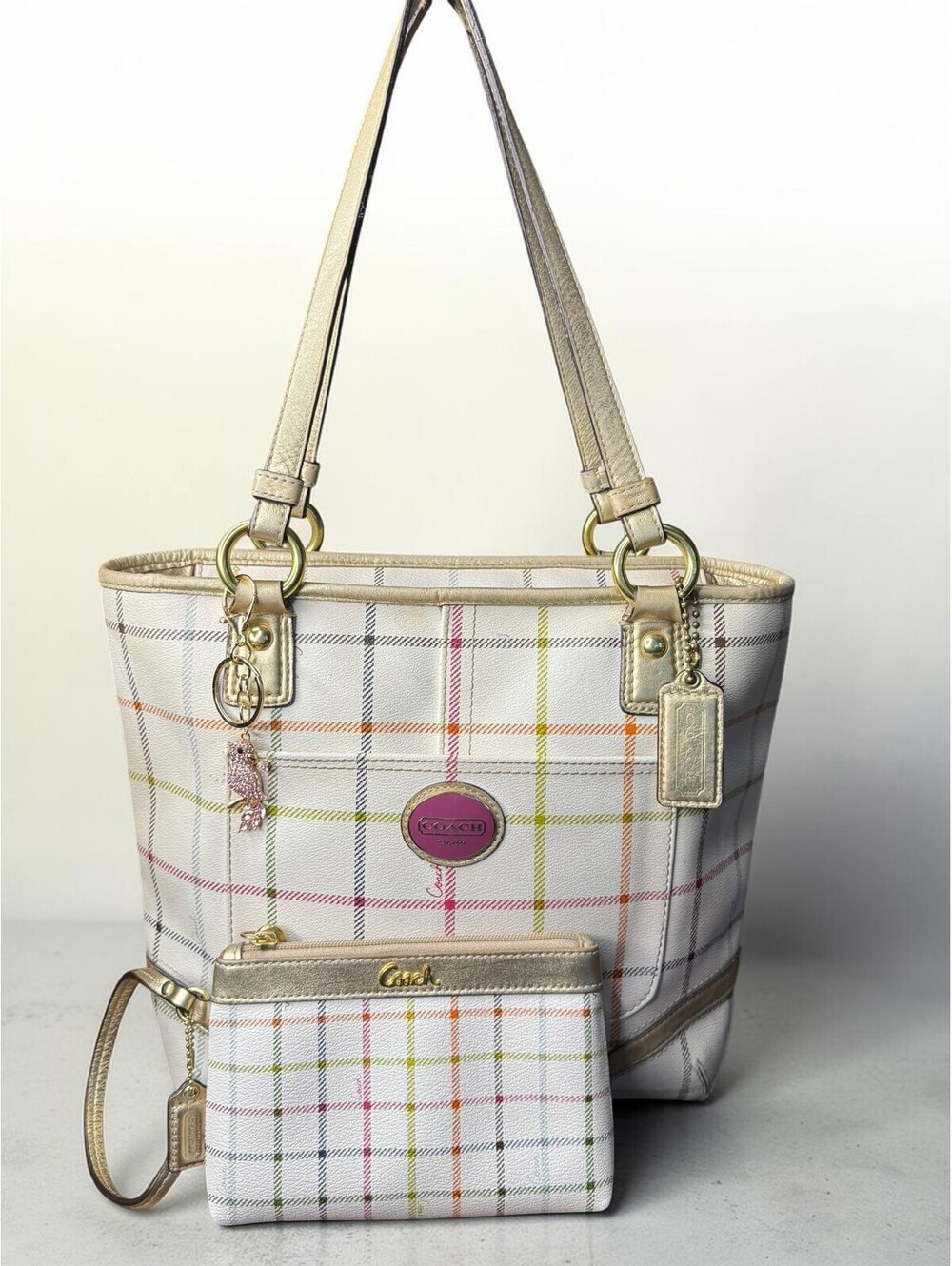 Coach Heritage Tattersall Plaid Tote Bag & Matching Wristlet Set Bundle